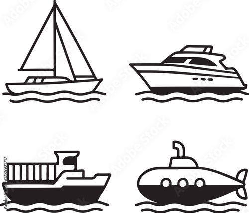 Marine Vessels Vector Set Sailboat, Yacht, Cargo Ship, Submarine eps