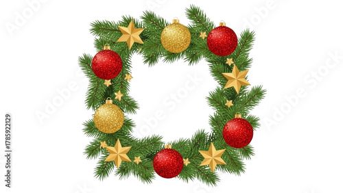 Festive Christmas wreath with red ornaments and golden stars on a white background