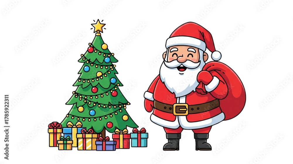 Fototapeta premium Festive cheer with Santa, tree, and gifts, a delightful holiday scene