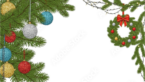 Festive Christmas Border Evergreen Branches, Ornaments, and Wreath for Holiday Designs