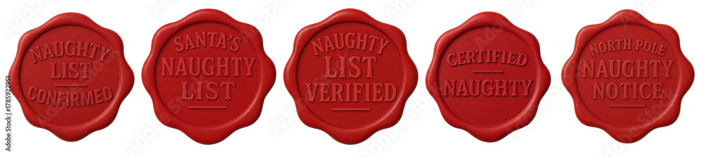 Fototapeta premium Naughty list red wax seal stamp set — festive Christmas Santa Claus approval badges