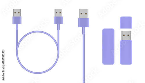 Purple USB cables and USB flash drive. USB plug with wire loop	