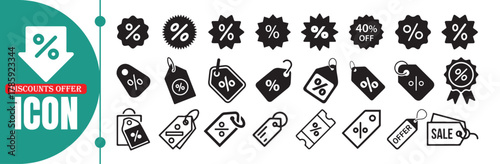 Black Discount and Sale Tag Icons Set – Percentage, Offer, and Coupon Symbols for Shopping and E-Commerce Design