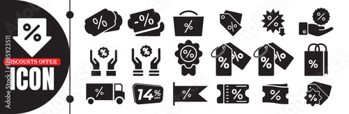Black Discount and Sale Icon Set for Business and E-Commerce Design. Containing label, price tag, coupon, sale promotion, offer, credit, price card etc. Vector Illustration