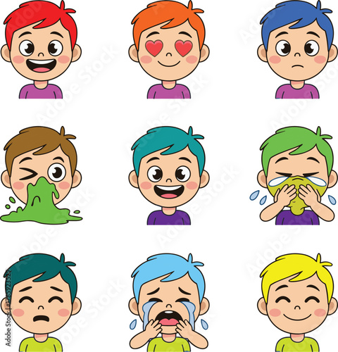 Cute cartoon boy emoji expressions set, various emotional faces illustration, happy sad crying love sick sneeze emotions vector character design