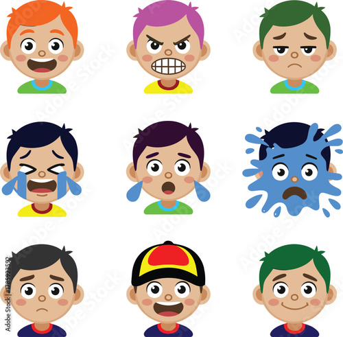Cute cartoon boy emoji expressions set, various emotional faces illustration, happy sad crying love sick sneeze emotions vector character design