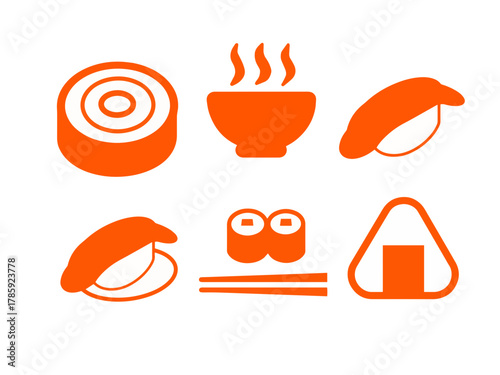 Japanese Food and Sushi Orange Silhouette Icons Set