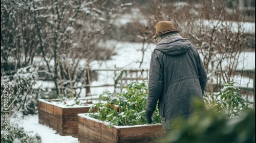 Senior person tending vegetable bed outdoors in winter garden wearing coat and hat with snow on raised wooden planter boxes, concept of perseverance and rural life