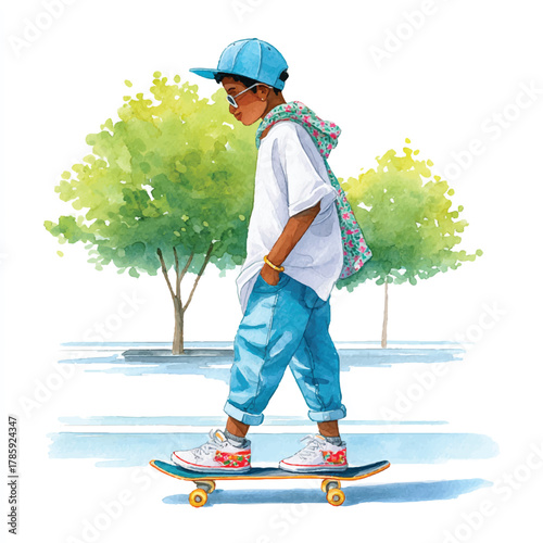 Young boy in blue cap and casual clothes riding a skateboard.