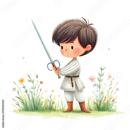 Young boy in martial arts uniform holding a sword.