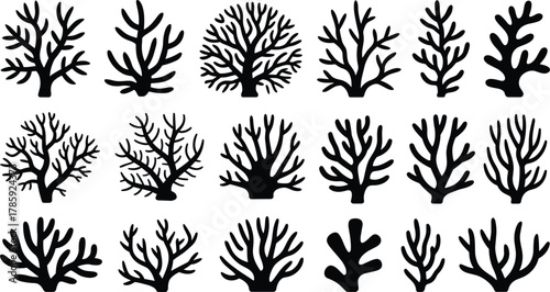 Coral silhouettes, marine vector, ocean shapes, reef clipart, underwater icons, sea life graphics, black coral set, aquatic design elements