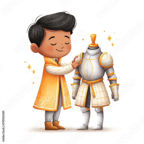 Young boy in traditional attire admiring a miniature suit of armor.