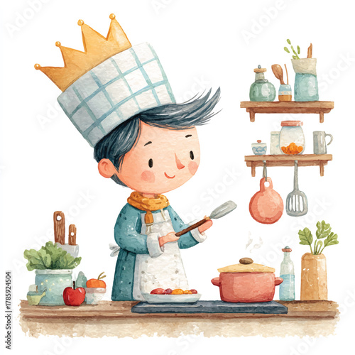 Young chef with crown cooking in the kitchen preparing delicious meal.