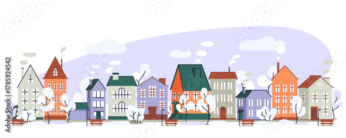 Cute houses in snowy winter day, city buildings in European style. Cosy town panorama with home exteriors, Scandi architecture. Urban street with chimneys, smoke. Flat vector illustration