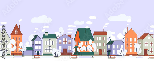 Cute houses in snowy winter day, city buildings in European style. Cosy town panorama with home exteriors, Scandi architecture. Urban street with chimneys, smoke. Flat vector illustration