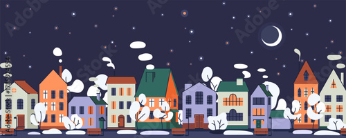 Cute houses in snowy winter day, city buildings in European style at night. Cosy town panorama with moon and stars, Scandi architecture. Urban street with chimneys, smoke. Flat vector illustration