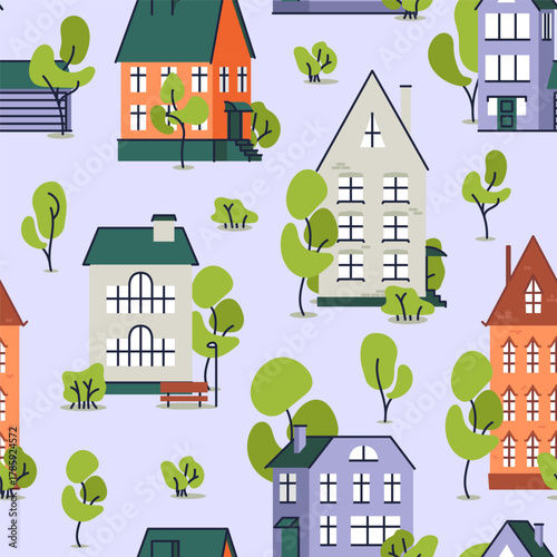 Town buildings seamless pattern in a flat cartoon style, cute cozy illustrations, colorful background, residental houses with greenery