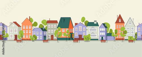 Cute houses seamless horizontal pattern, city buildings in European style. Cosy town panorama with home exteriors, Scandi architecture. Loopable urban street with chimneys. Flat vector illustration