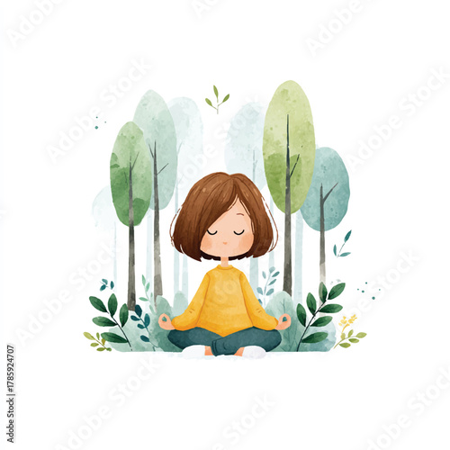 Young girl meditating peacefully in nature surrounded by trees and plants.