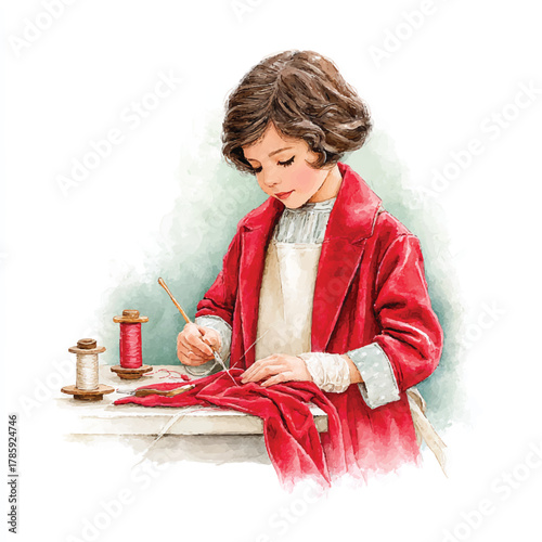 Young girl sewing red fabric attentively.