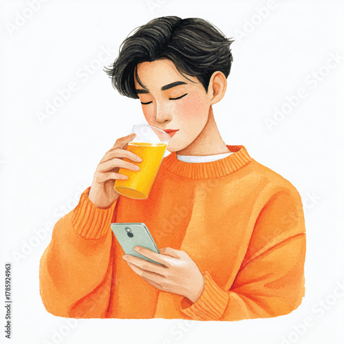 Young man drinking juice and using phone.