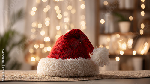 Festive Red Santa Hat on a Cozy Home Table with Christmas Lights