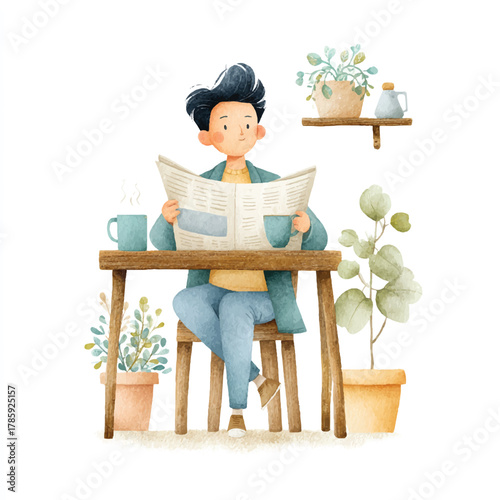 Young Man Reading Newspaper in Cafe.