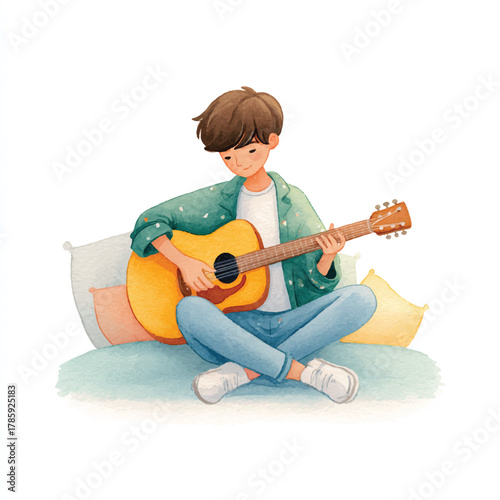 Young man sitting cross legged playing an acoustic guitar.