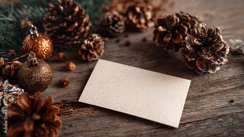 Blank Card Surrounded by Pine Cones and Christmas Ornaments