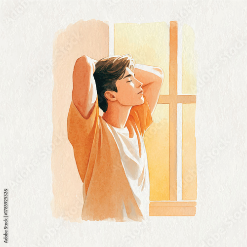 Young man stretching and enjoying the morning light by the window.