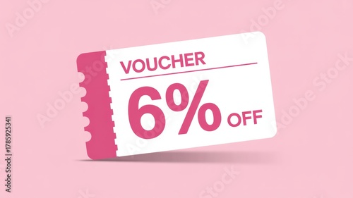 Discount voucher with 6 off promotional coupon design for retail sales isolated on pink background