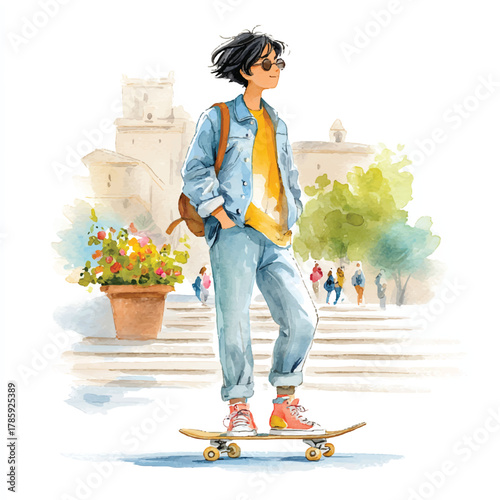 Young Person Skateboarding in Casual Outfit.