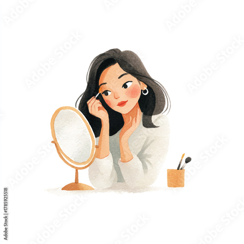 Young woman applying makeup in front of a mirror, focused on her beauty routine.
