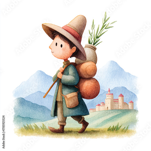 Young traveler with hat and staff walking on a journey adventure.
