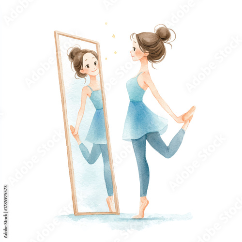Young woman admiring herself in a mirror, watercolor illustration.