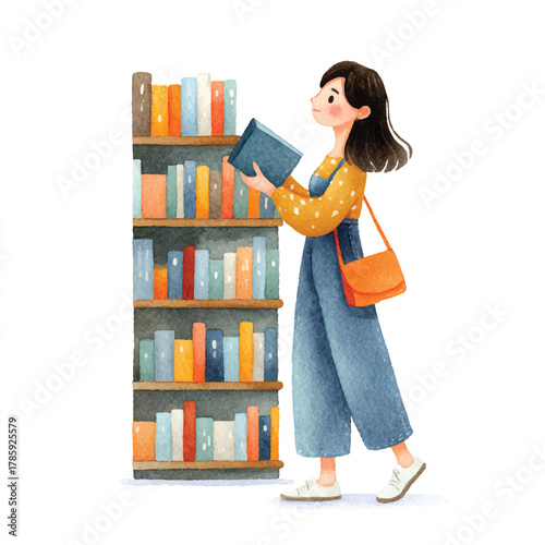 Young woman browsing books in a library, enjoying the reading experience.