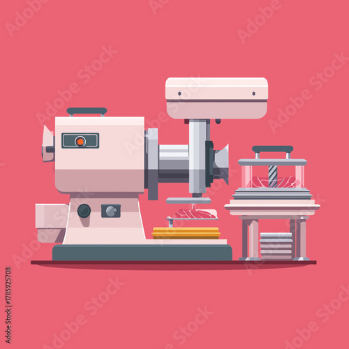 A flat vector illustration of an electric meat grinder appliance