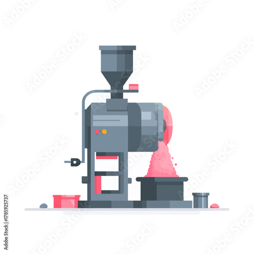 A Hammer Mill Grinding Pink Substance in Flat Vector Style