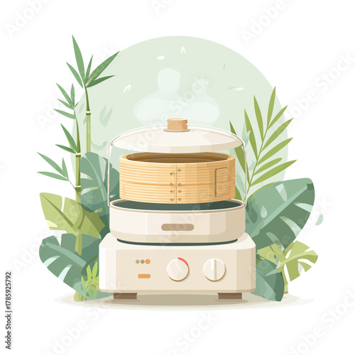 A modern electric food steamer with bamboo inserts for cooking healthy meals
