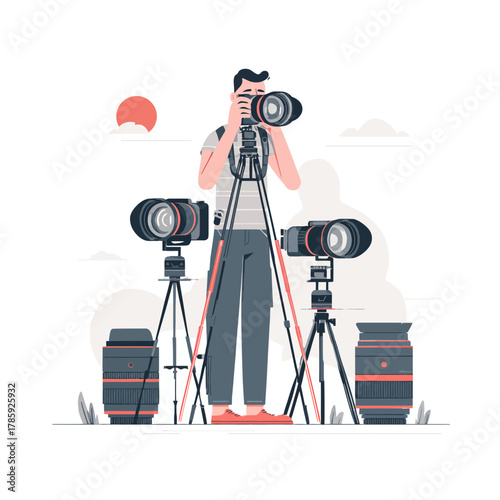 A Photographer Holding Camera in Flat Vector Illustration