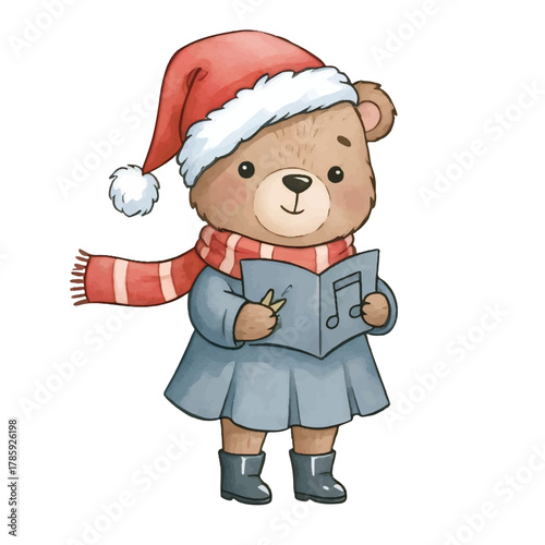 Cute Bear Singing Christmas Carol in Santa Hat
