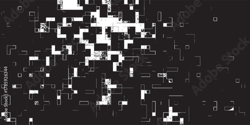 A stark abstract pattern presents a contrasting interplay of black backgrounds and pixelated white squares, forming a geometric mosaic with a subtly textured, retro feel and glitch aesthetic