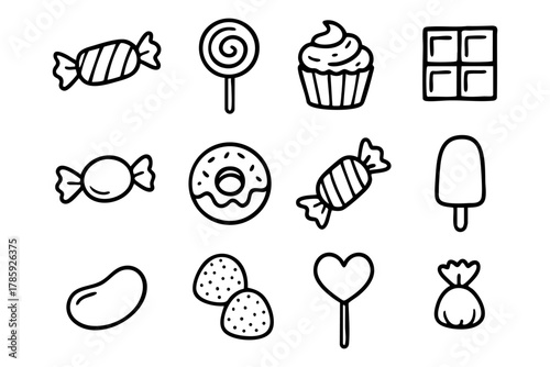 Candy and sweets collection icon set, doodle style. Vector Stock illustration