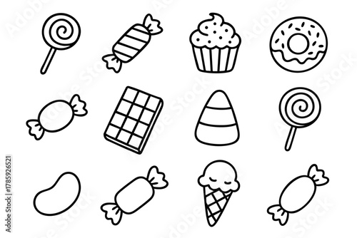 Candy and sweets collection icon set, doodle style. Vector Stock illustration