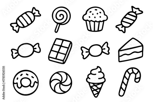 Candy and sweets collection icon set, doodle style. Vector Stock illustration