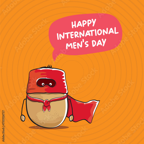 International mens day vector cartoon greeting card with funny cartoon cute brown super hero potato with red hero cape and mask on orange pattern background. Celebrating Men and Boys square banner