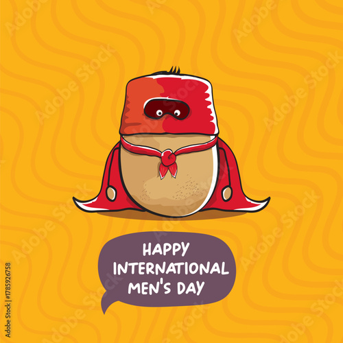 International mens day vector cartoon greeting card with funny cartoon cute brown super hero potato with red hero cape and mask on orange pattern background. Celebrating Men and Boys square banner