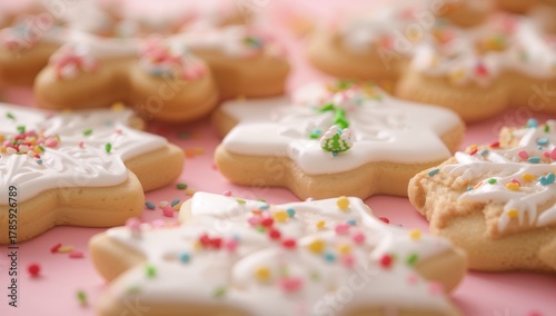 Frosted star-shaped Christmas cookies with colorful sprinkles on pink background  