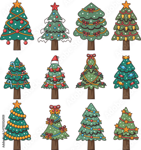 Christmas tree element set. Includes of decoration, pine, winter, celebration, ornament, and More. Vector flat color collection