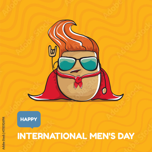 International mens day vector cartoon greeting card with funny cartoon cute brown super hero potato with red hero cape and mask on orange pattern background. Celebrating Men and Boys square banner
